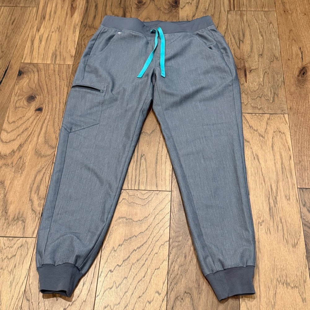 FIGS Zamora Jogger Scrub Pants Gray Heather Teal Drawstring Women S